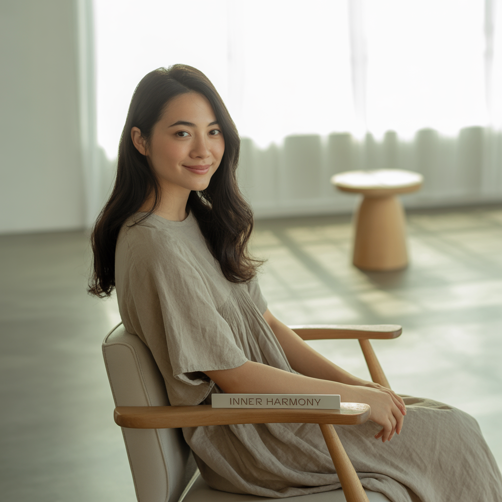 やさしく微笑む女性がナチュラルな空間で椅子に座り、リラックスした表情を見せている様子