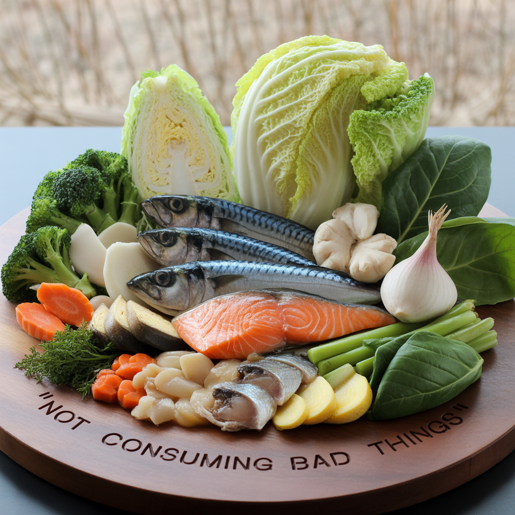 新鮮な魚と旬の野菜が木製プレートに美しく盛り付けられた健康的な食材の盛り合わせ