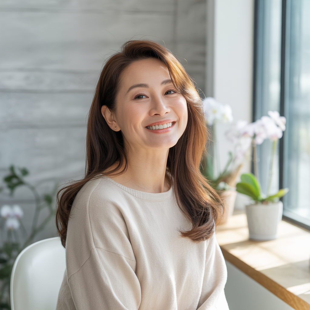 窓辺で笑顔を見せる女性。ツヤのある健康な髪が美しく、髪のケアの大切さを表現している。