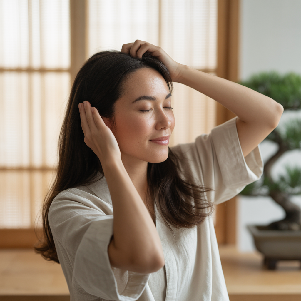 目を閉じてリラックスしながら頭皮に手を当てる女性。頭皮環境を整えることで未来の健康な髪を育てるイメージ。