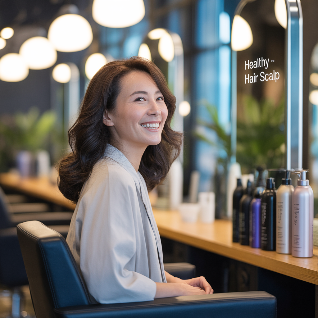 美容室の椅子に座り笑顔を見せる女性。健康な髪と頭皮のケアを受けられる北見市のサロン H3+ Luce。